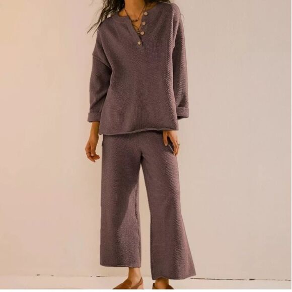 Revolve Free People Beach Hailee Set Brown Waffle Knit Thermal Loungewear Large